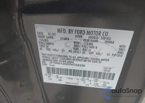 2007 Ford F-150 Xlt z USA, uszkodzony, nr VIN 1FTRW12W57KC02330